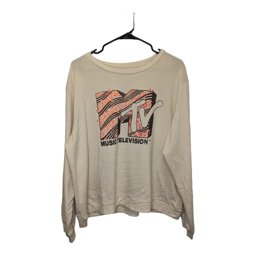 MTV Womens Long Sleeve Sweatshirt Pullover Beige/Cream Retro Size 1X NWT